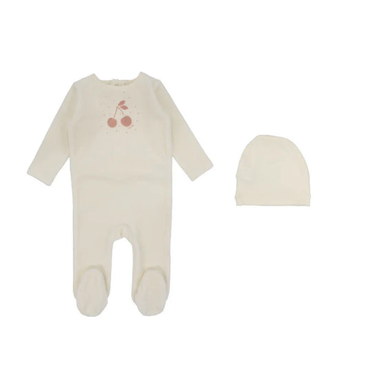 Cherry Graphic Velour Footie with Beanie - Ivory/Apricot