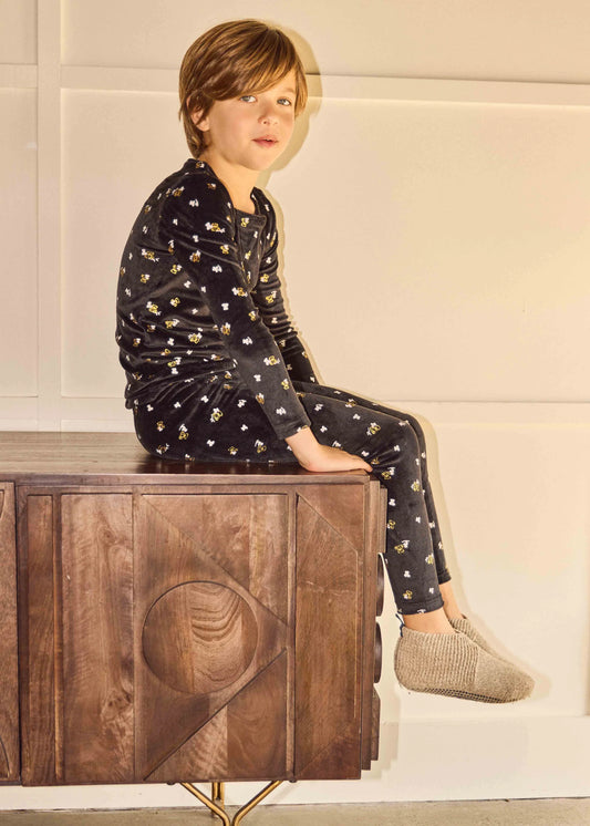Black- Gold And White Velour Teddy Printed Loungewear Set