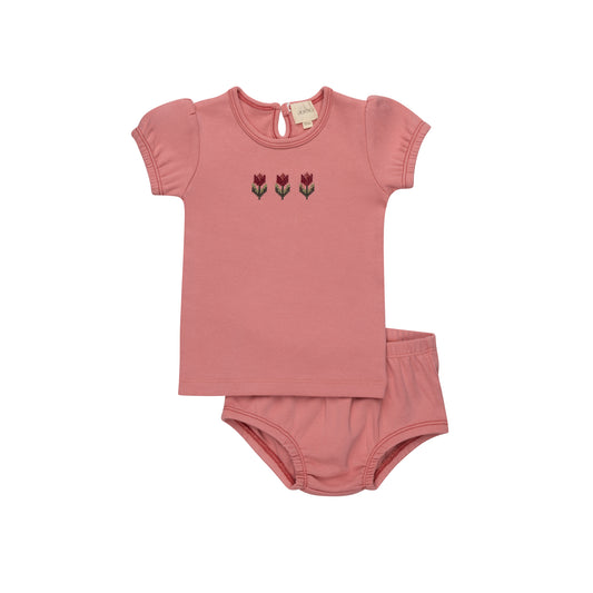 Pink Cross-stitch Tulip T-shirt and Bloomer