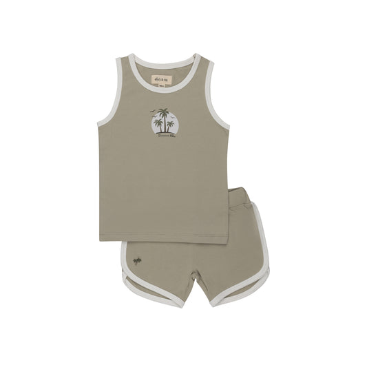 Ribbed Printed Palm-Sage-Tank and Shorts