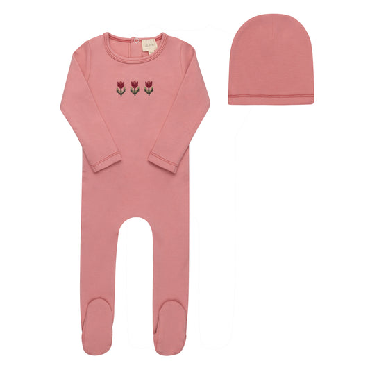 Pink Cross-stitch Tulip Footie+Beanie