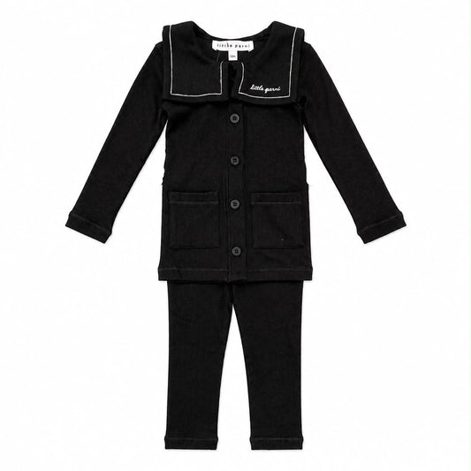 Embroidered Collar Cardigan Set - Black
