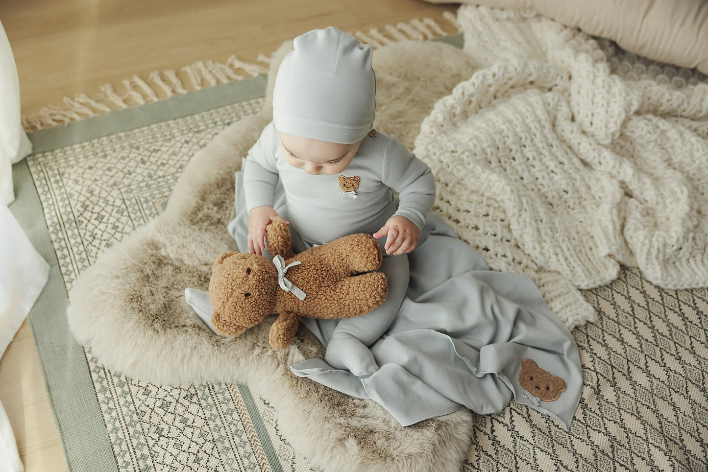 Bear Applique Footie Set Pale Blue