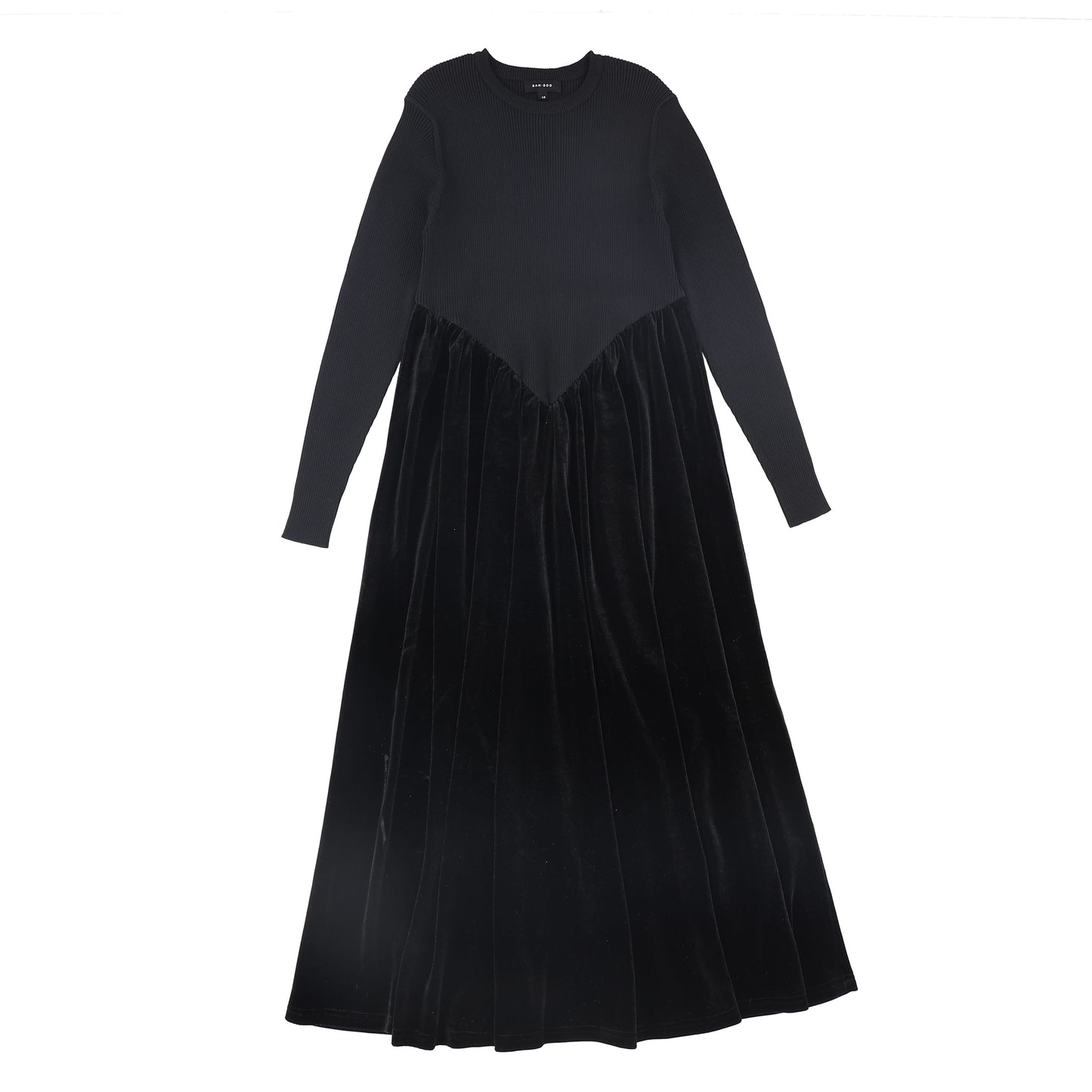 Basque Waist Knit Velour Maxi Dress - Black