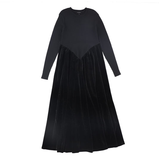 Basque Waist Knit Velour Maxi Dress - Black