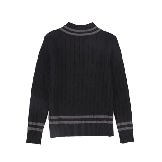 Cable Knit Stripe Trim Sweater - Black
