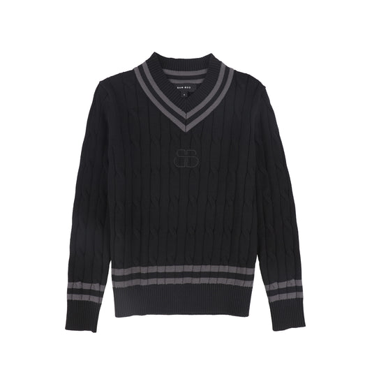 Cable Knit Stripe Trim Sweater - Black