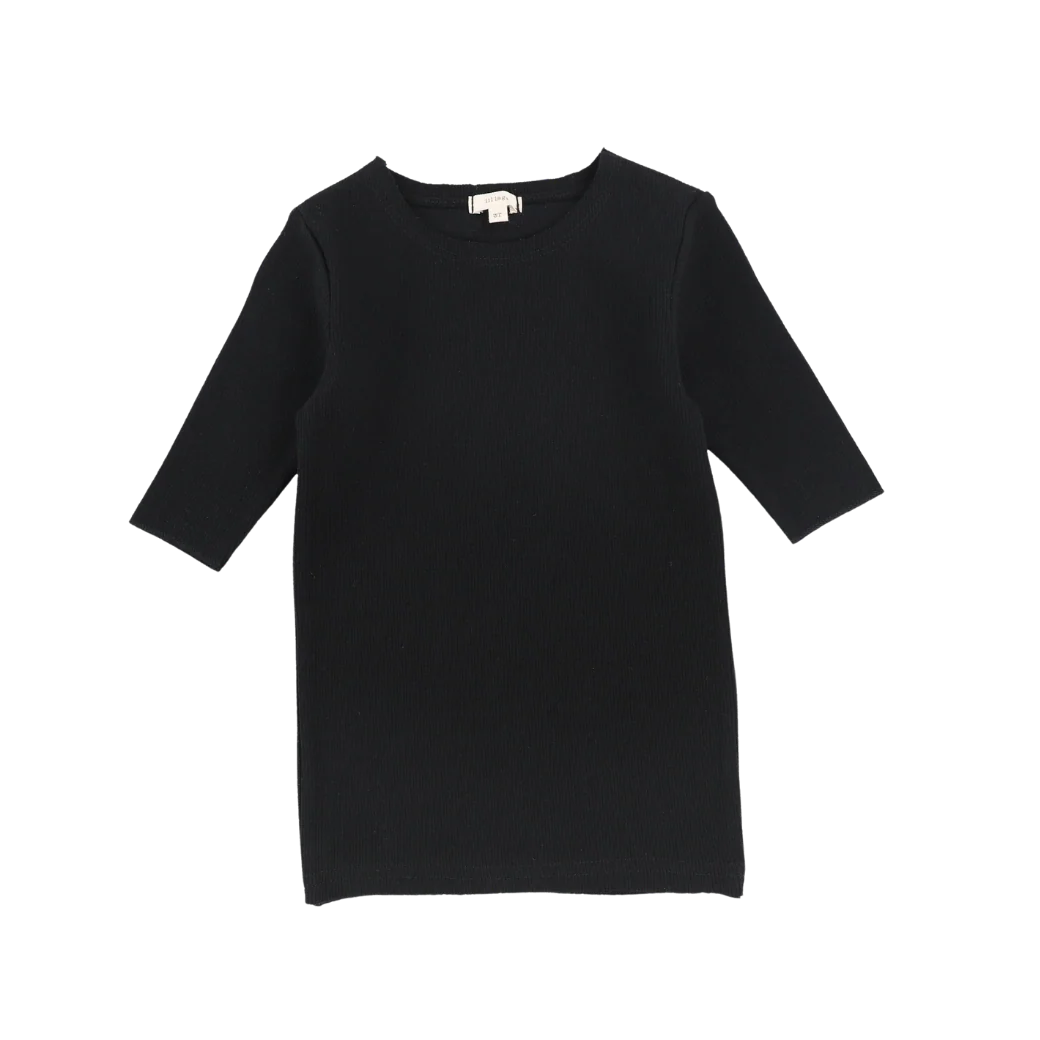 Basic Ribbed Three Quarter Sleeve Tee- Black