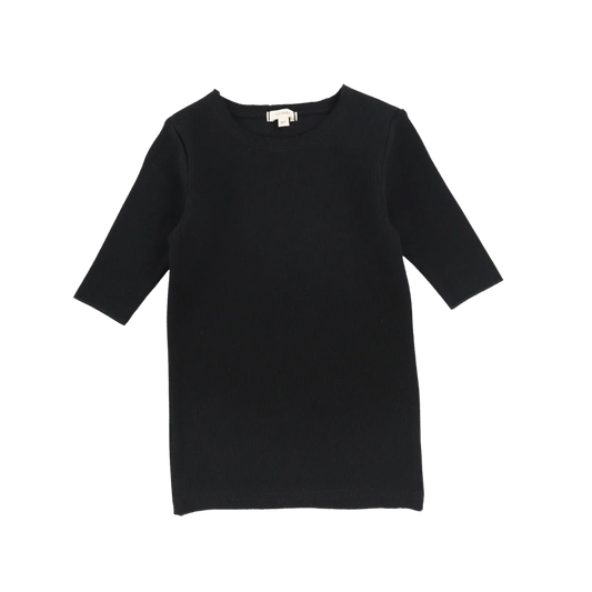 Basic Ribbed Three Quarter Sleeve Tee- Black