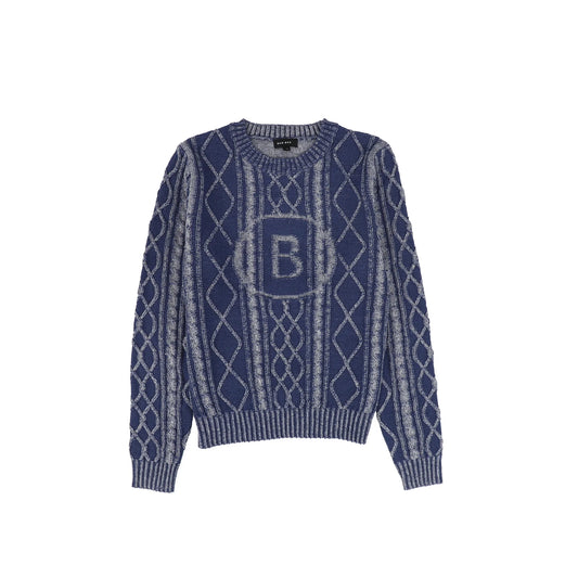 Braided Embroidered Knit Sweater- Denim