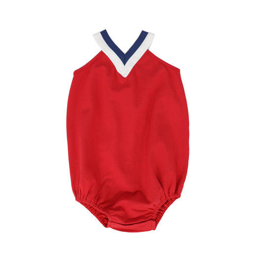 Pique Varsity V-neck Romper- Red