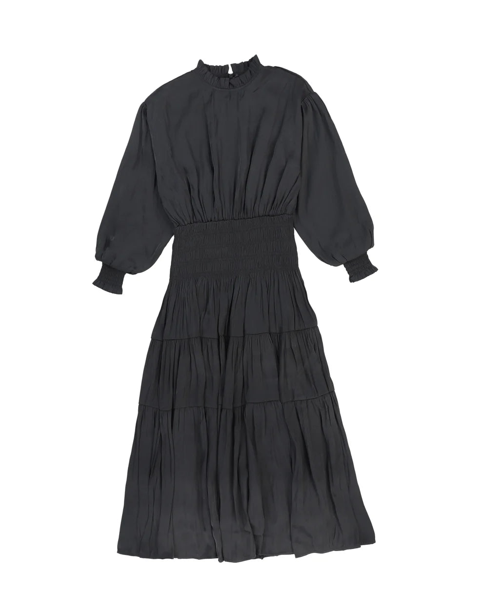 Black Silk Smock Waisted Puff Sleeve Dress