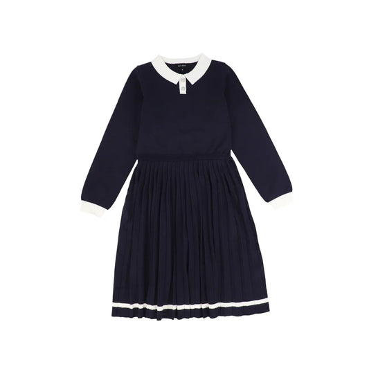 Knit Pleated Trim Collar Dress - Navy