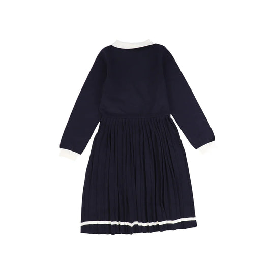 Knit Pleated Trim Collar Dress - Navy