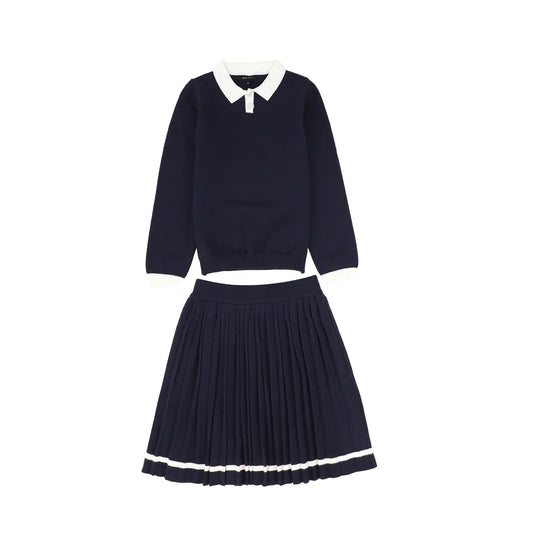 Knit Trim Sweater and Pleated Skirt Set - Navy