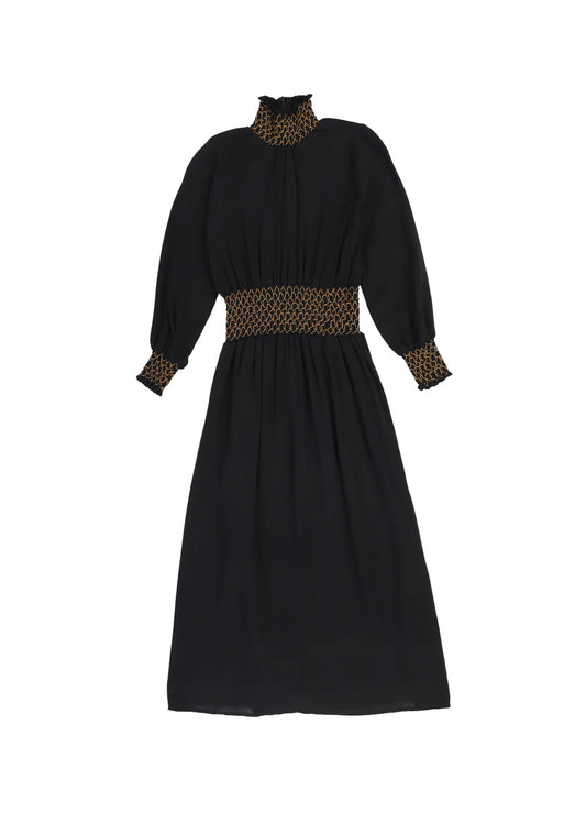 Contrast Stitching Smocked Maxi Dress - Black