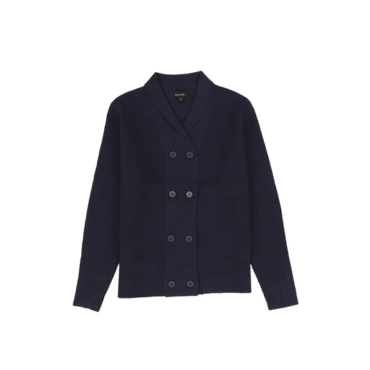 Ribbed Knit Double Breasted Blazer - Navy