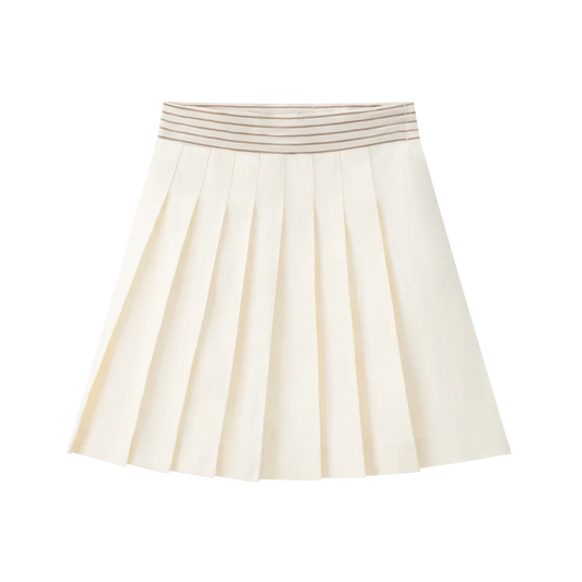Cream Pleated Skirt With Stripe Waist