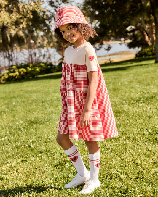 Coral/Pink Varsity Tiered Dress- short sleeves