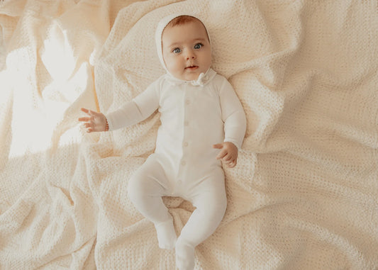 Pointelle Collar Footie + Bonnet + Bib- White/Light Blue