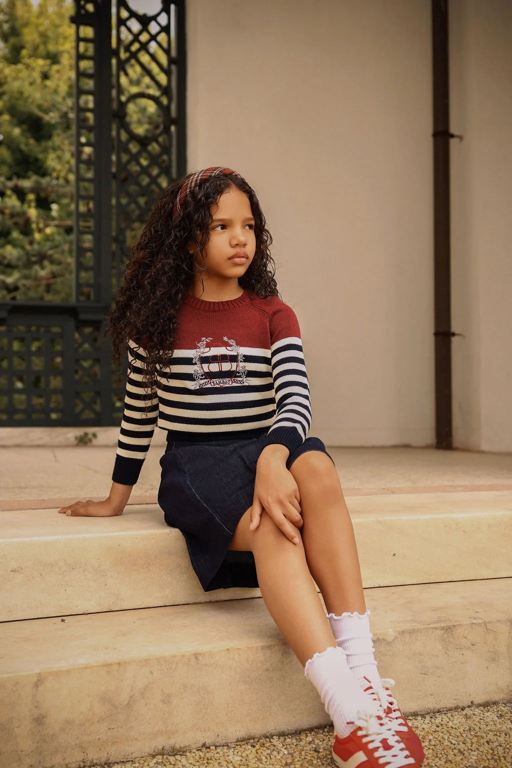 Navy/White Ribbed Knit Stripe Crest Sweater