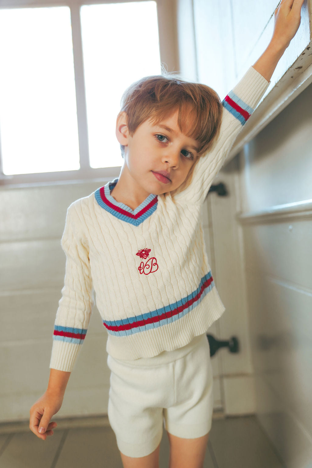 Cable Knit V Neck Trim LS Sweater