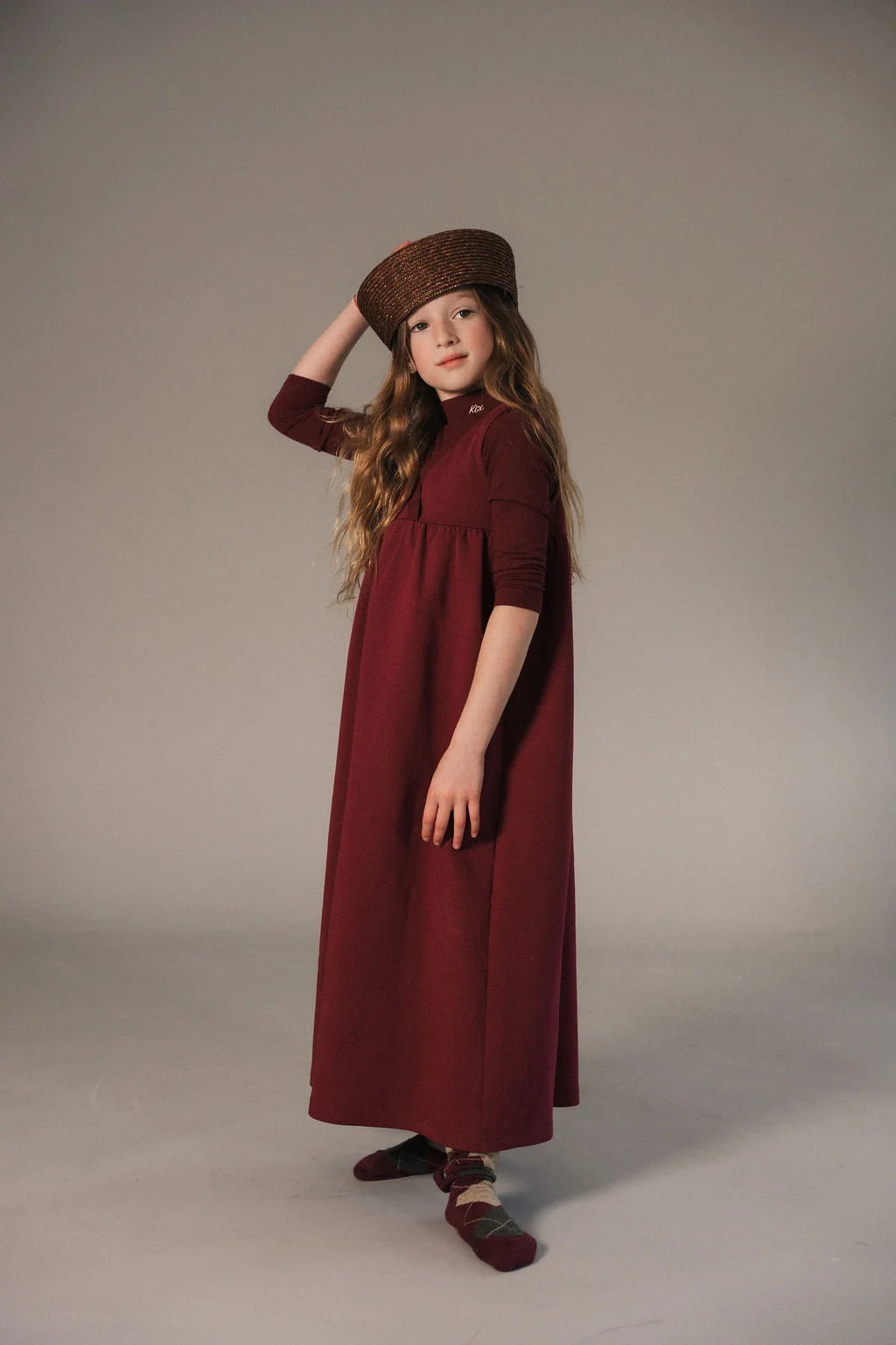 V Neck High Waist Maxi Dress With T-Shirt - Burgundy