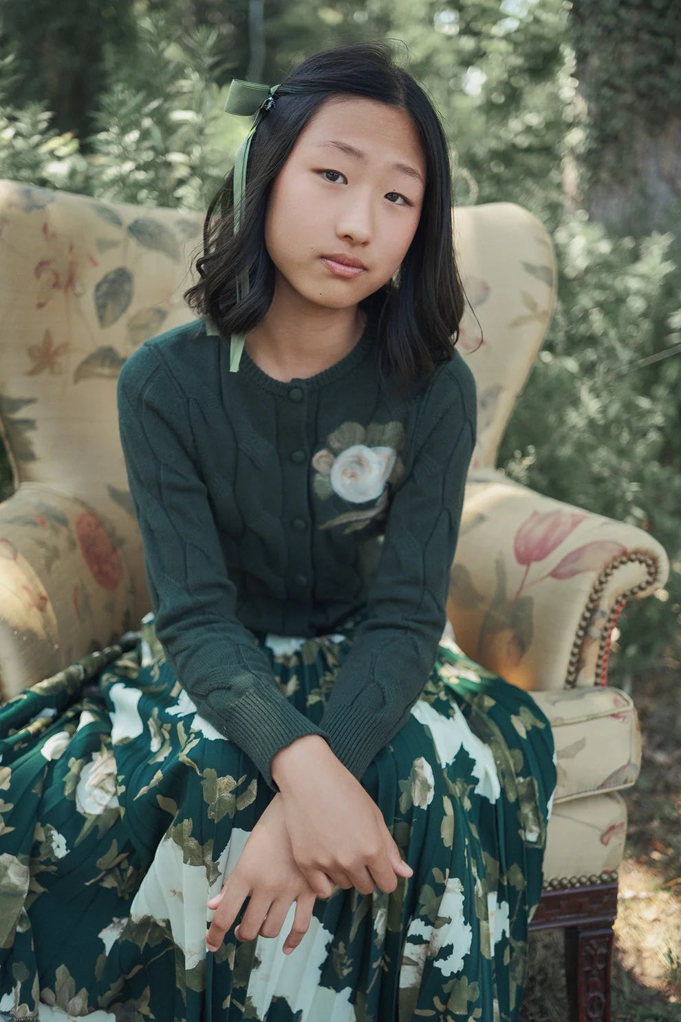 Painted Cable Knit Cardigan- Green