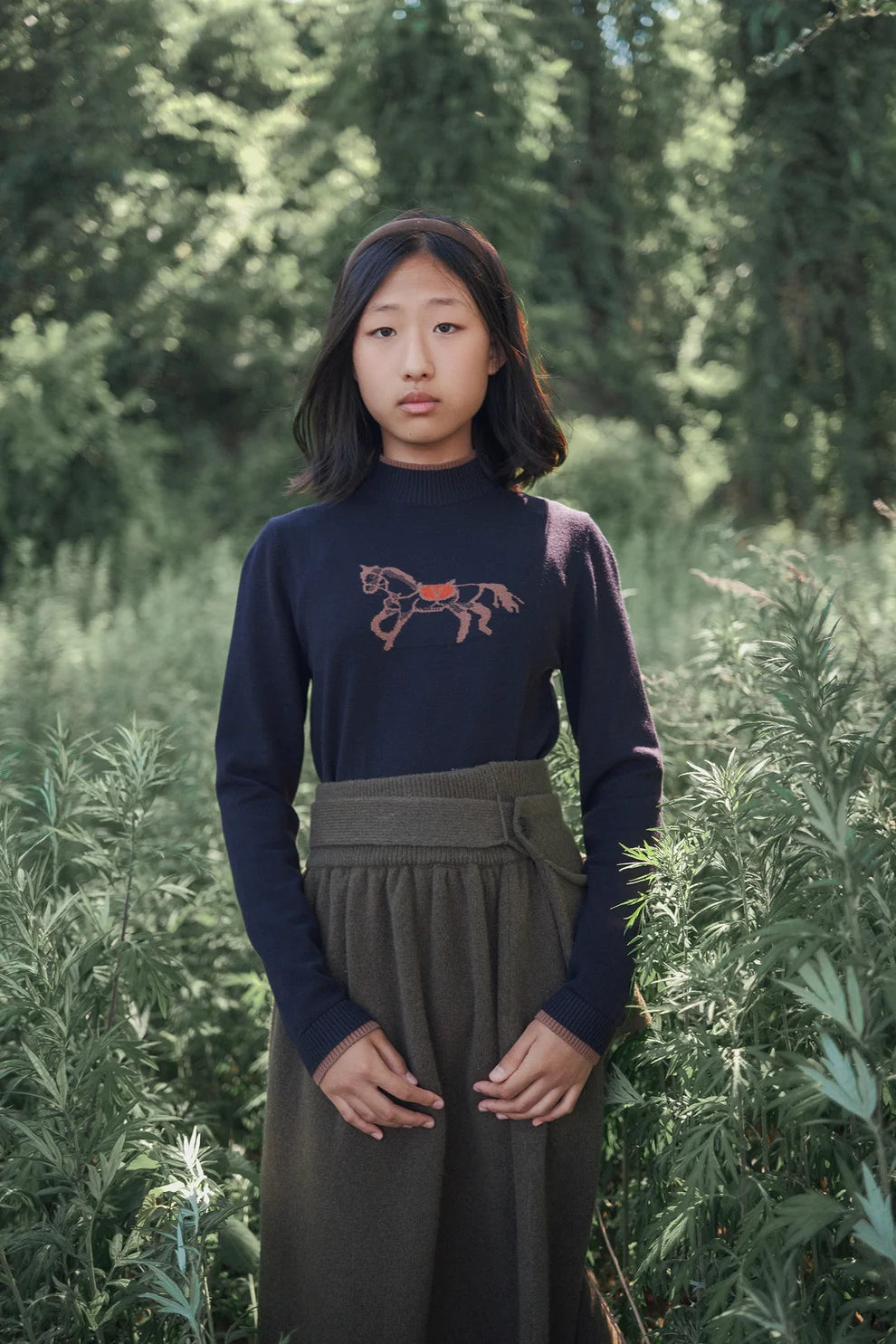 Navy Horse Print Knit Turtleneck