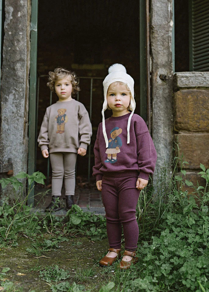 Varsity Bear Sweatshirt Set- Washed Burgundy
