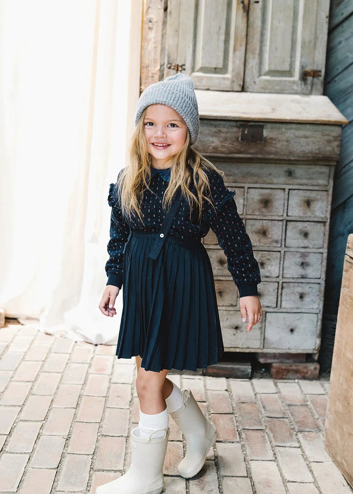 Sweet Campaign Denim Collar Ruffle Sweatshirt- Navy Print