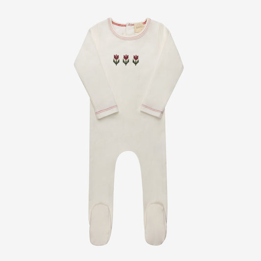 Ivory/Pink Cross-stitch Tulip Footie