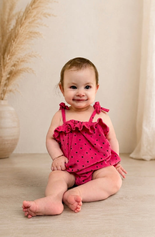 Baby Romper with Ruffles Pink with Black Hearts Allover