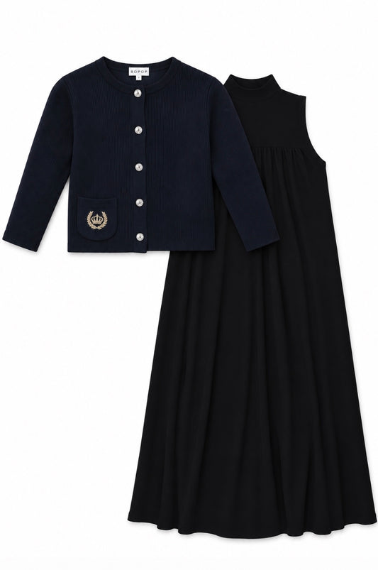 Sleeveless Maxi with Gold detail Cardigan