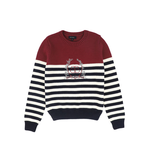 Navy/White Ribbed Knit Stripe Crest Sweater