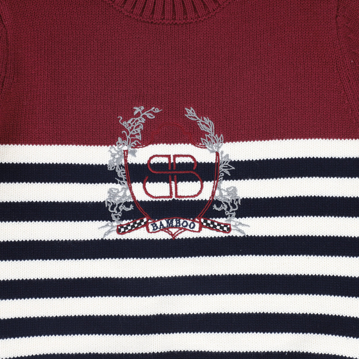 Navy/White Ribbed Knit Stripe Crest Sweater