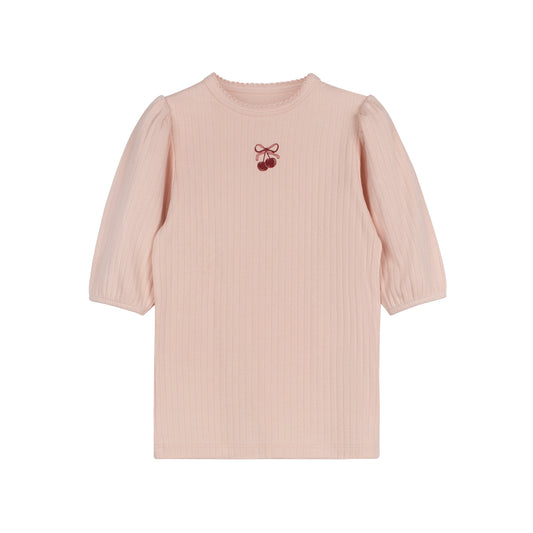 Pink/Red Pointelle Bow Print 3/4 Sleeve T-Shirt