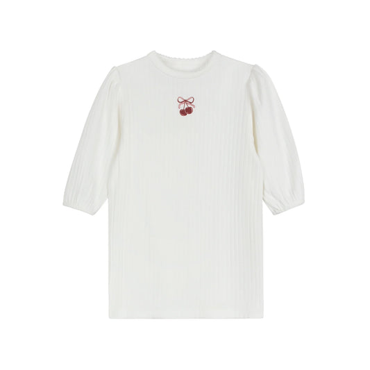 Ivory/Pink Pointelle Bow Print Collection 3/4 Sleeve Tshirt