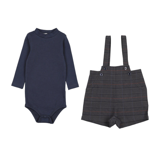 Baby Overall + Onesie Set  Navy plaid