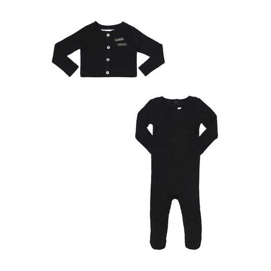 Baby Ribbed Stretchy w Rhinestone Cardigan- Black