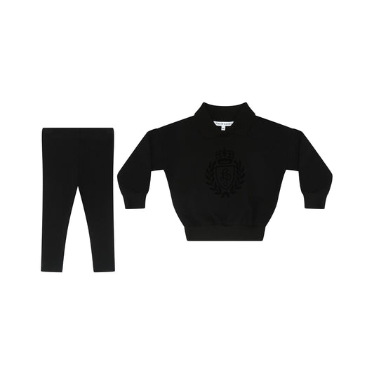 Baby Sweatshirt w logo flocking  and leggings set- Black