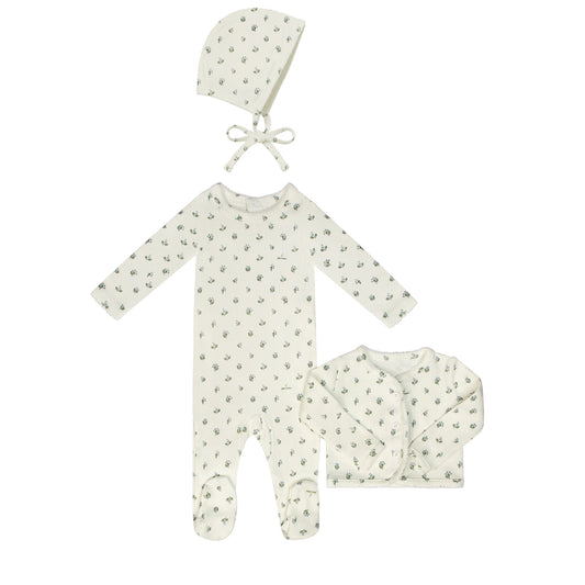 Floral Cardigan Layette Set + Bonnet- Light Blue