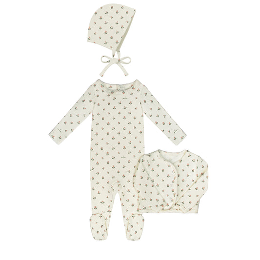 Floral Cardigan Layette Set + Bonnet- Pink