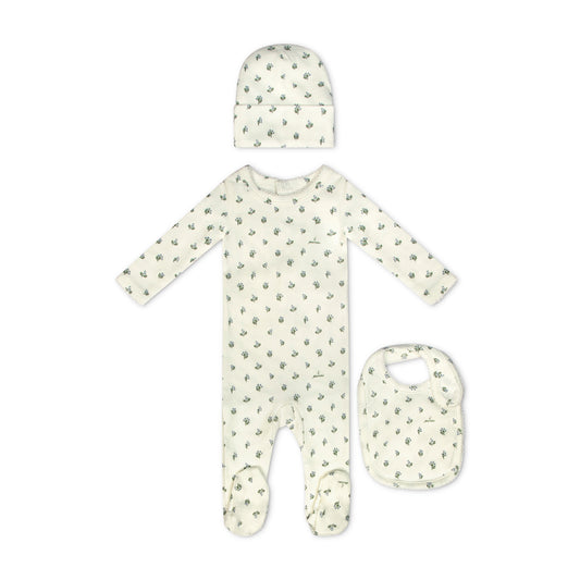 Floral Footie + Beanie + Bib- Light Blue