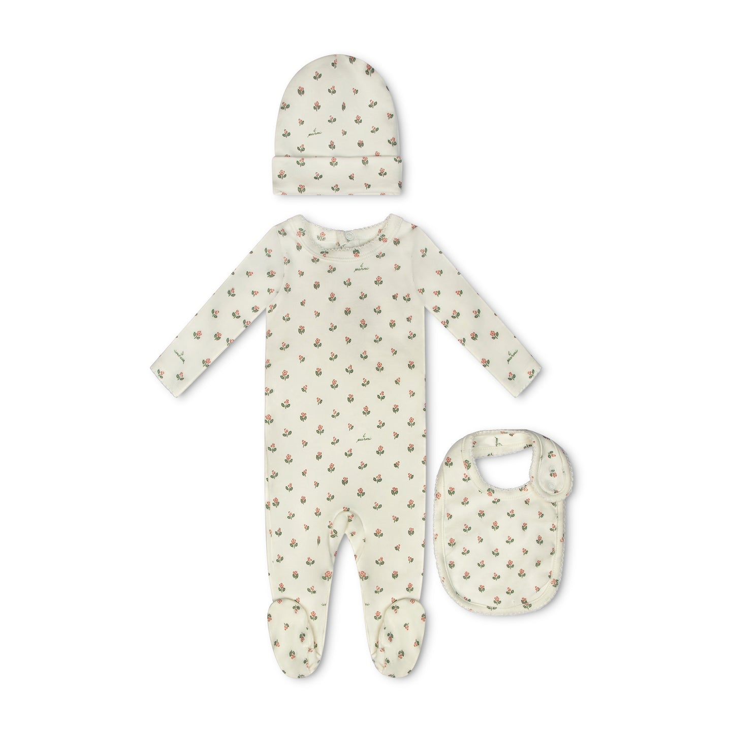 Floral Footie + Beanie + Bib- Pink