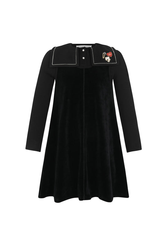 Embroidered Collar Velour Dress - Black