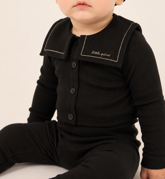 Embroidered Collar Baby Cardigan Set - Black