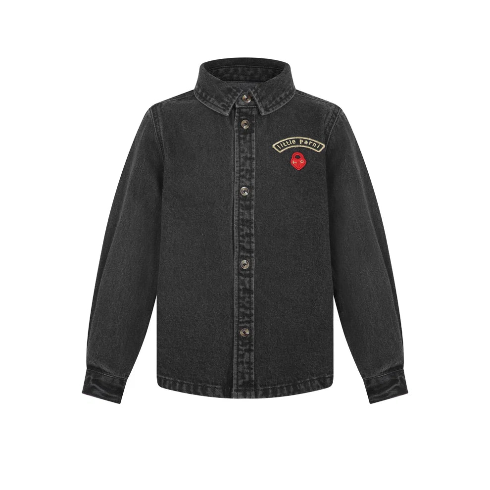 Black Denim Embroidered Patch Denim Shirt