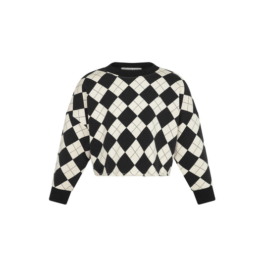 Casual Cropped Argyle Sweatshirt - Black