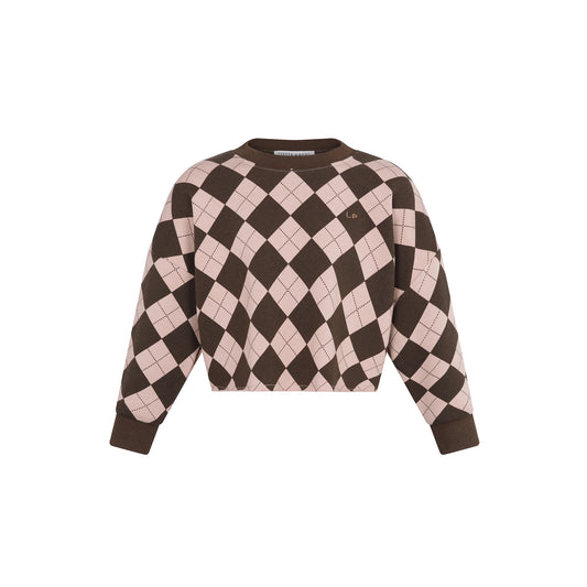 Casual Cropped Argyle Sweatshirt - Brown